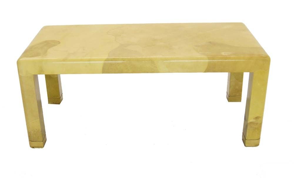 EstablishedLines Mid-Century Modern Lacquered Goat Skin Parchment Coffee Table Brass Feet MINT