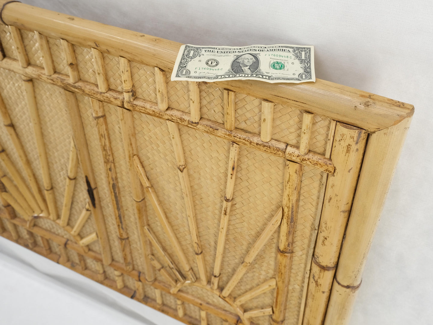 EstablishedLines Burnt Bamboo & Grasscloth Sun Burst Pattern Queen Size Headboard Bed MINT