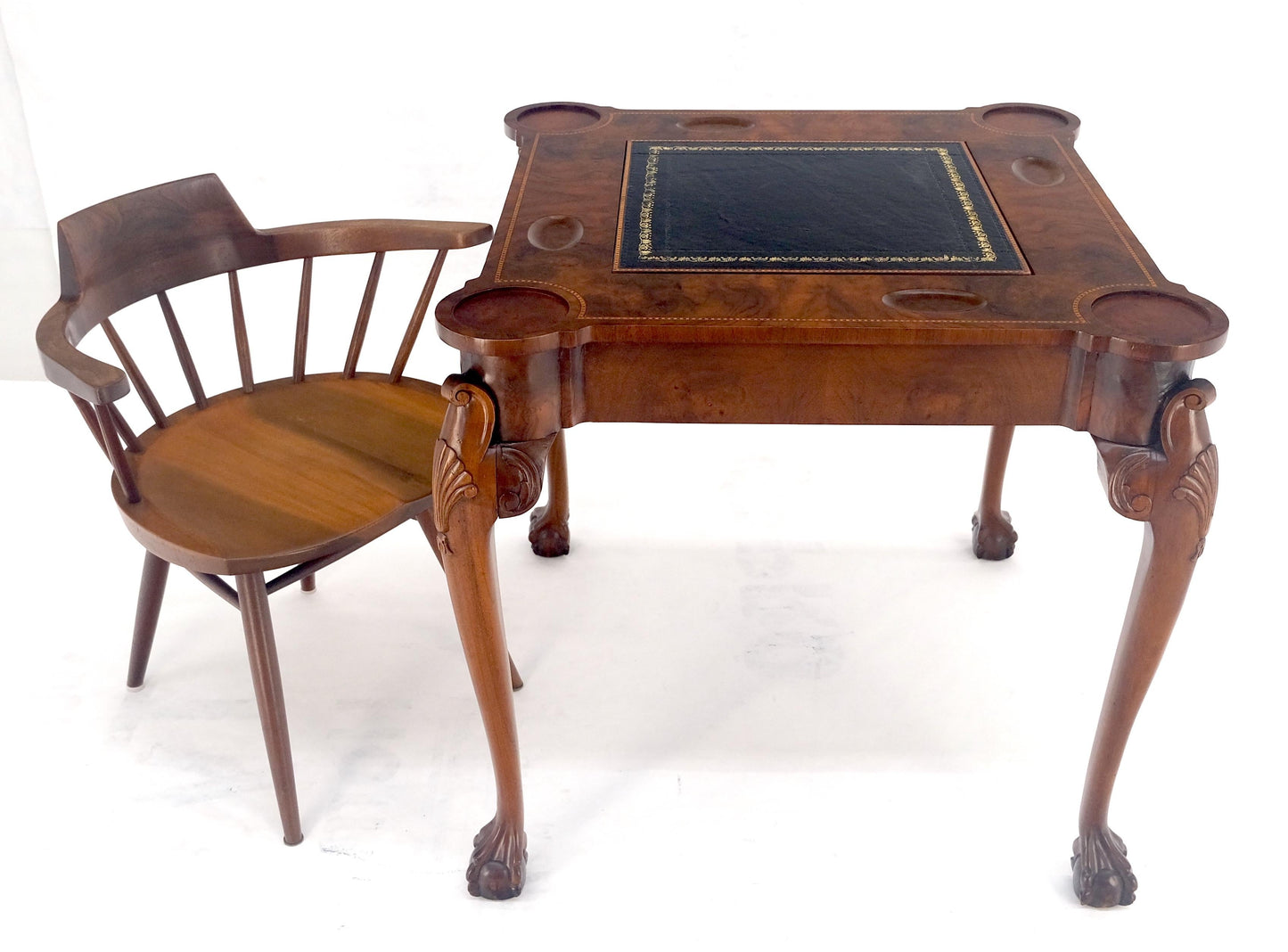EstablishedLines Leather Top Chippendale Style Ball & Claw Feet Backgammon Chess Game Table MINT!