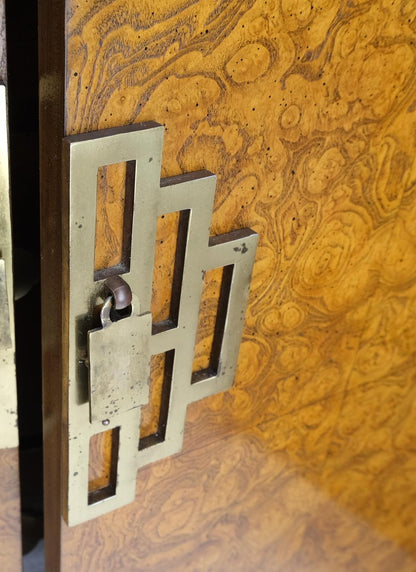 EstablishedLines Burl Wood Black Ebonized Border 9 Drawers Long Dresser Credenza Brass Pulls Mint