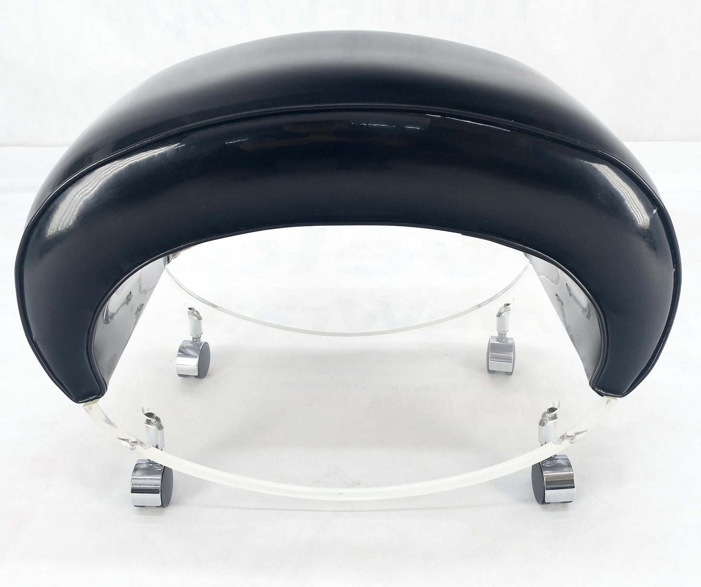EstablishedLines Futuristic Black Patent Leather Upholstery Oval Lucite Base Bench on Wheel MINT