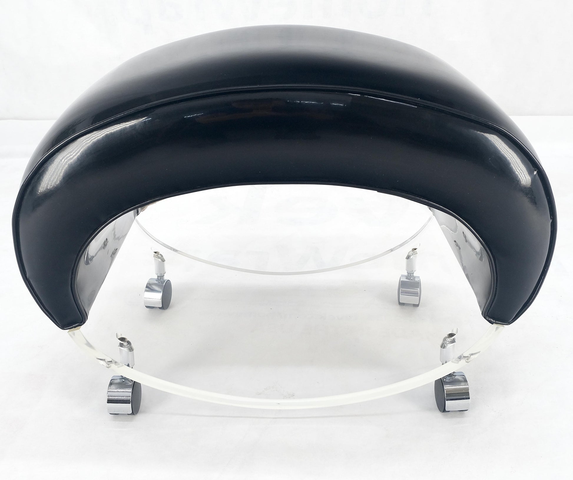 EstablishedLines Futuristic Black Patent Leather Upholstery Oval Lucite Base Bench on Wheel MINT