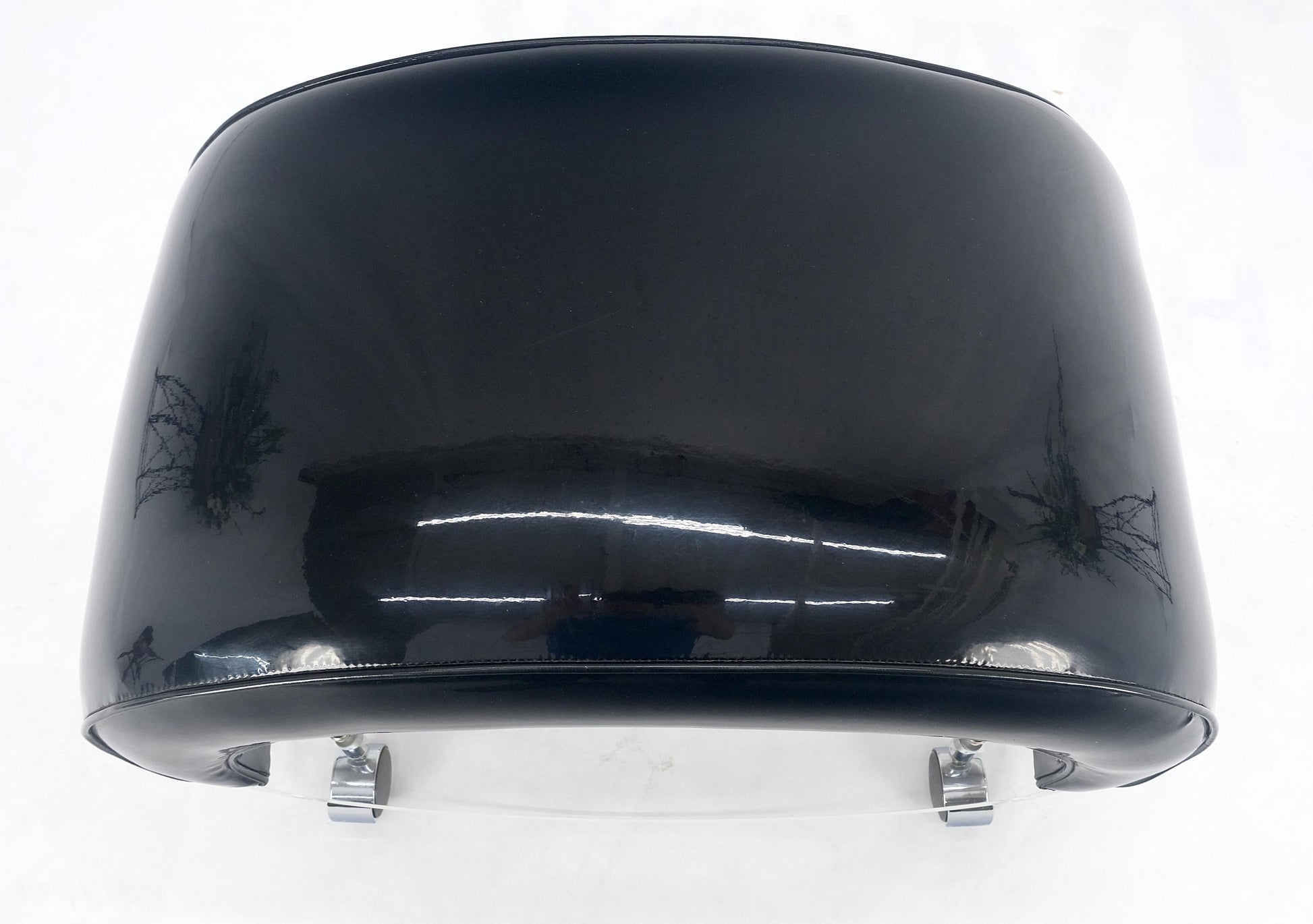 EstablishedLines Futuristic Black Patent Leather Upholstery Oval Lucite Base Bench on Wheel MINT
