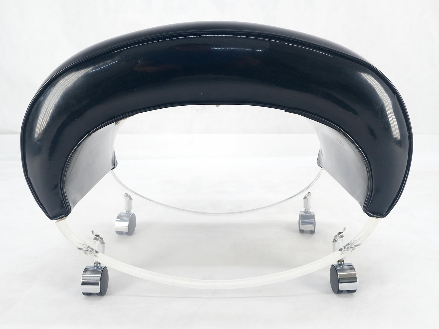 EstablishedLines Futuristic Black Patent Leather Upholstery Oval Lucite Base Bench on Wheel MINT