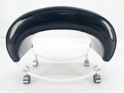 EstablishedLines Futuristic Black Patent Leather Upholstery Oval Lucite Base Bench on Wheel MINT