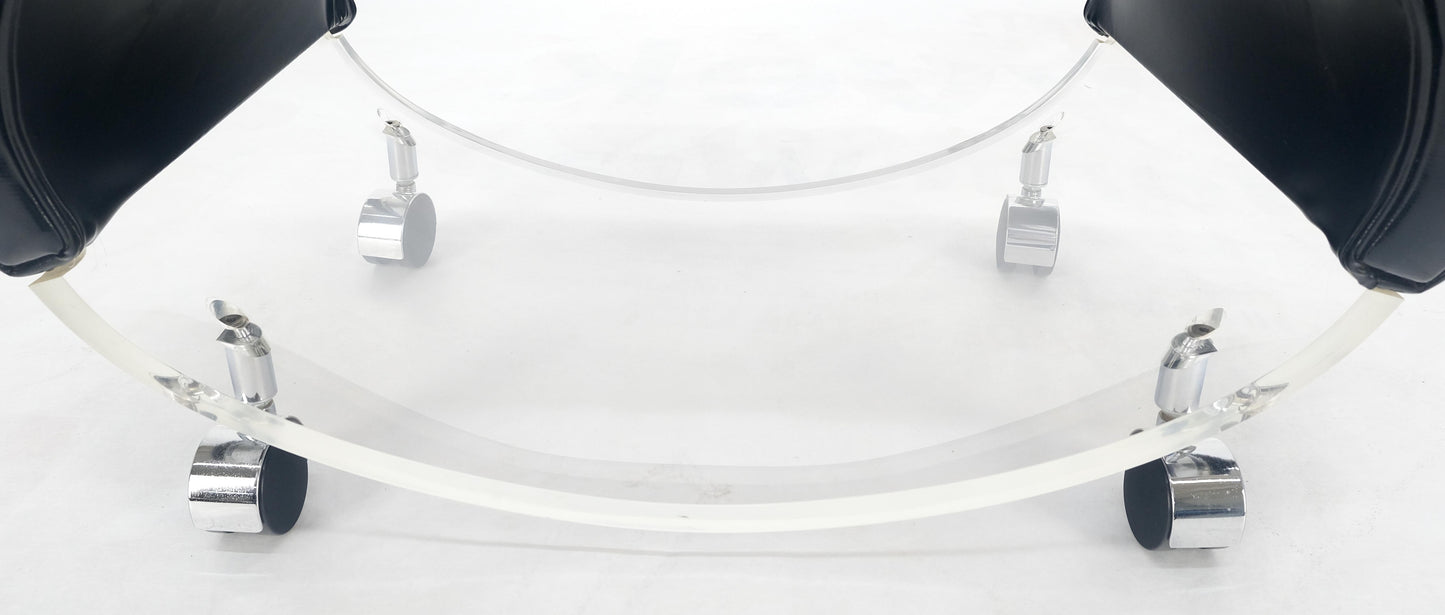 EstablishedLines Futuristic Black Patent Leather Upholstery Oval Lucite Base Bench on Wheel MINT