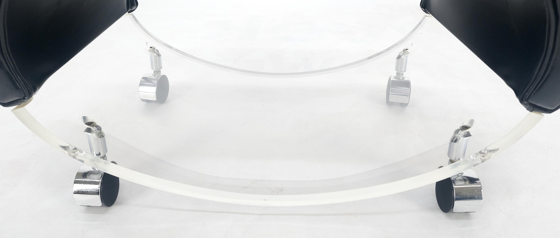EstablishedLines Futuristic Black Patent Leather Upholstery Oval Lucite Base Bench on Wheel MINT