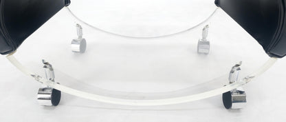 EstablishedLines Futuristic Black Patent Leather Upholstery Oval Lucite Base Bench on Wheel MINT