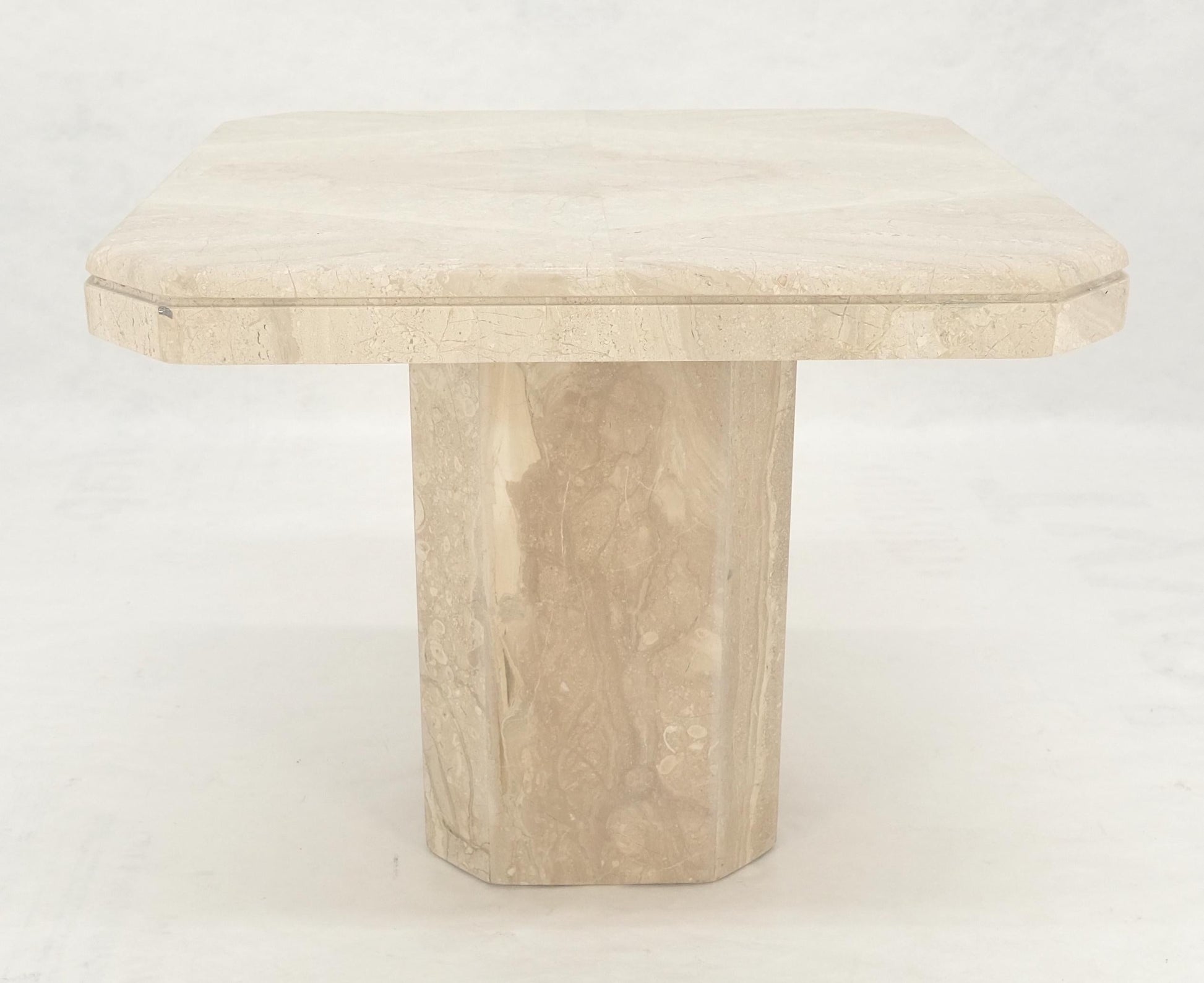 EstablishedLines Polished 27x27" Travertine Square Top Single Pedestal Side End Lamp Table Mint