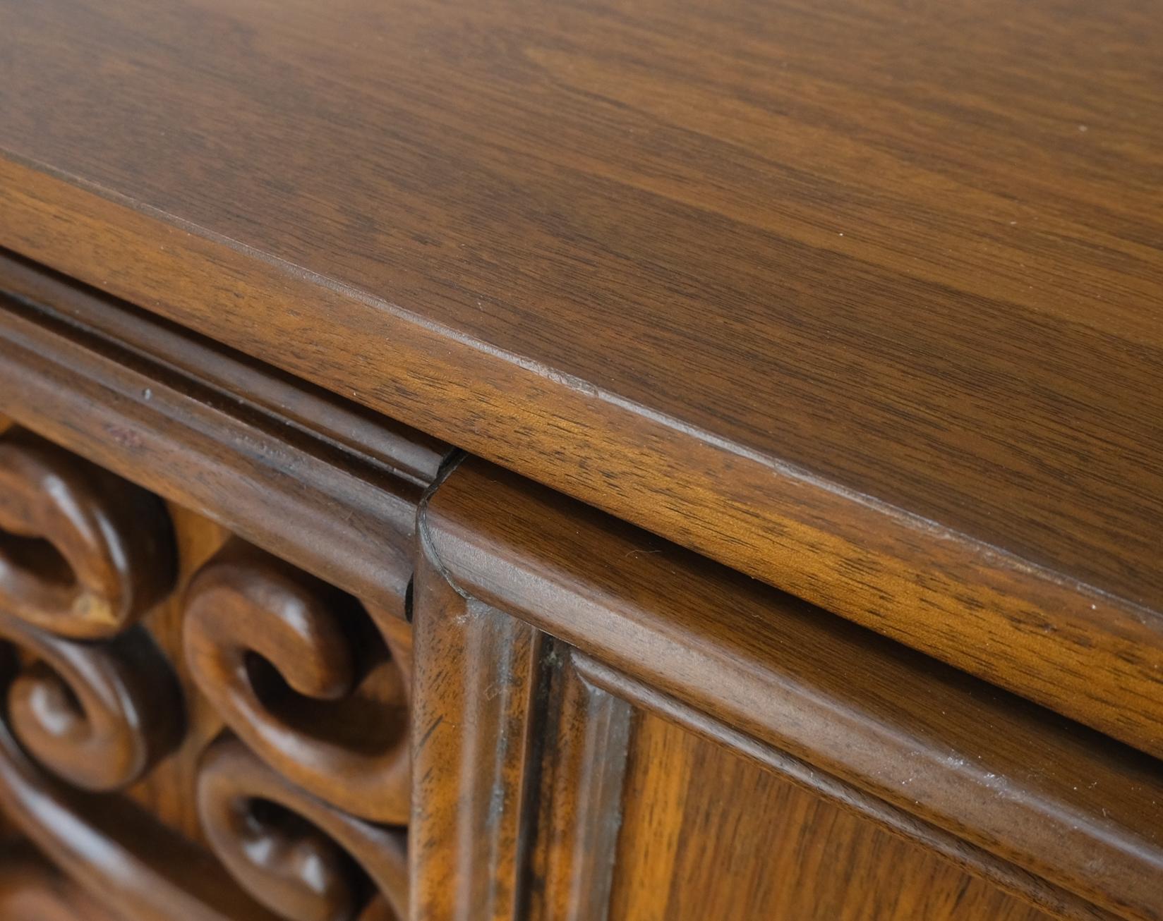 EstablishedLines Pair of Walnut Carved Modern Ornament Front Door End Table Night Stands Mint