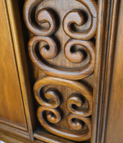 EstablishedLines Pair of Walnut Carved Modern Ornament Front Door End Table Night Stands Mint