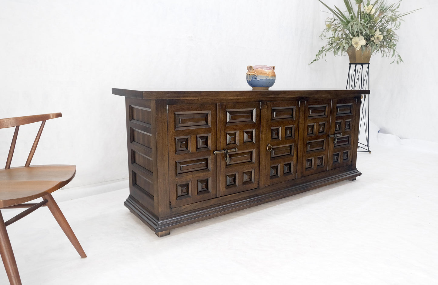 Raised Panel 5 Doors 4 Drawers Mid Century Modern Dark Chestnut Dresser Credenza