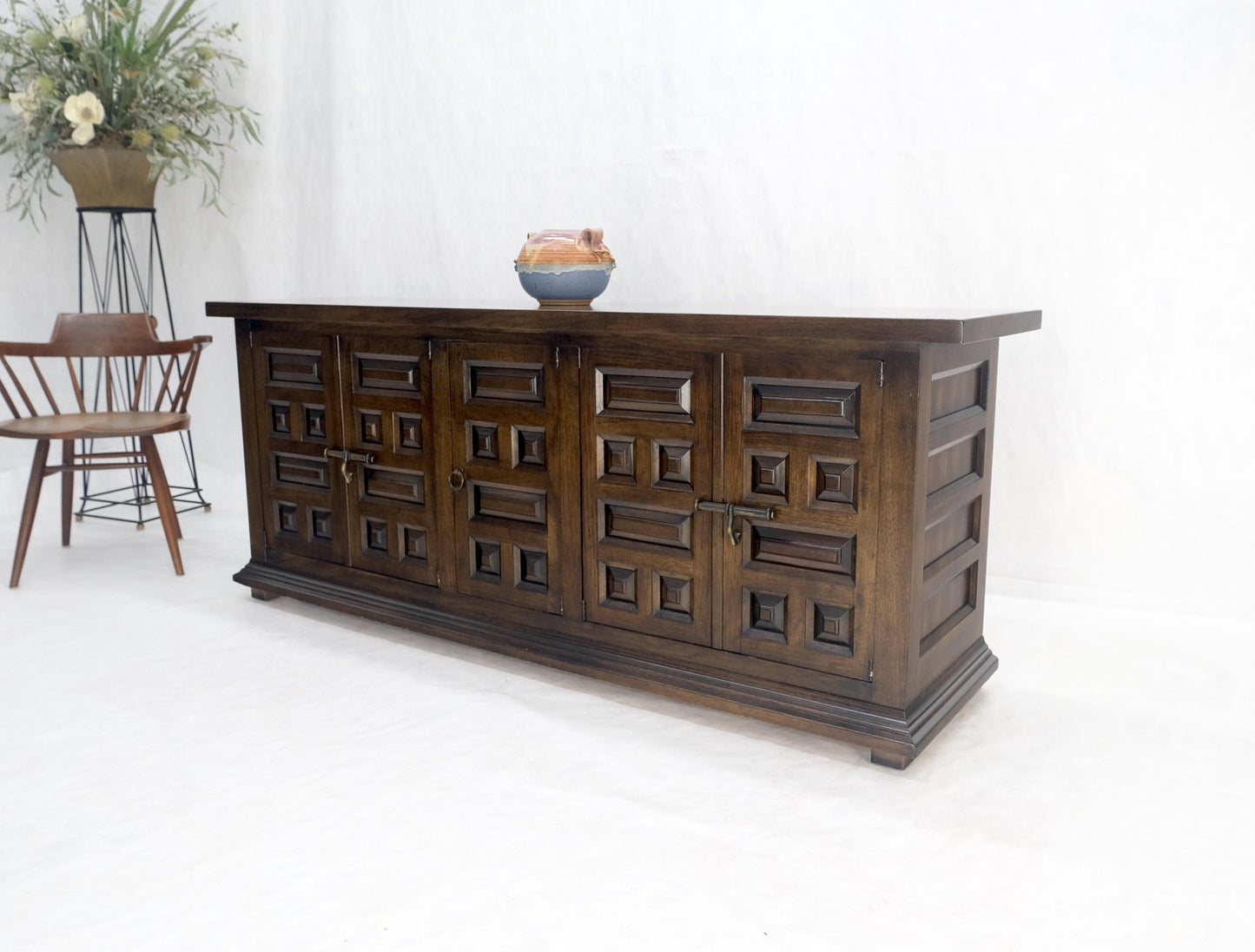 Raised Panel 5 Doors 4 Drawers Mid Century Modern Dark Chestnut Dresser Credenza