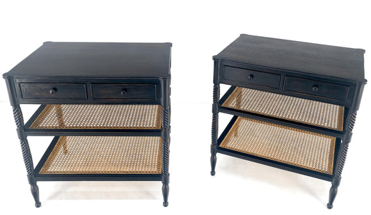 EstablishedLines Large Ebonized Two Drawer 3 Tier Cane Shelf Carved Twisted Rope Legs End Table