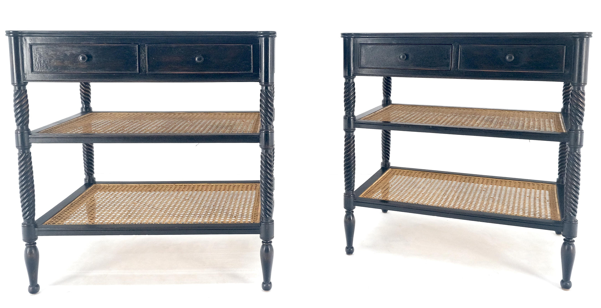 EstablishedLines Large Ebonized Two Drawer 3 Tier Cane Shelf Carved Twisted Rope Legs End Table