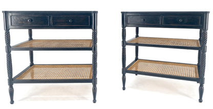 EstablishedLines Large Ebonized Two Drawer 3 Tier Cane Shelf Carved Twisted Rope Legs End Table