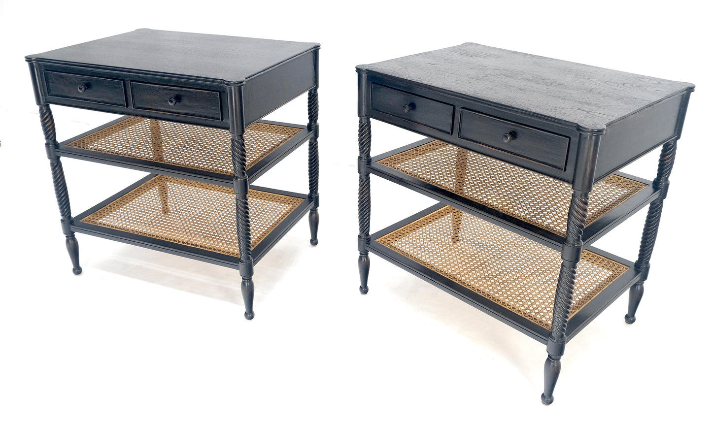 EstablishedLines Large Ebonized Two Drawer 3 Tier Cane Shelf Carved Twisted Rope Legs End Table