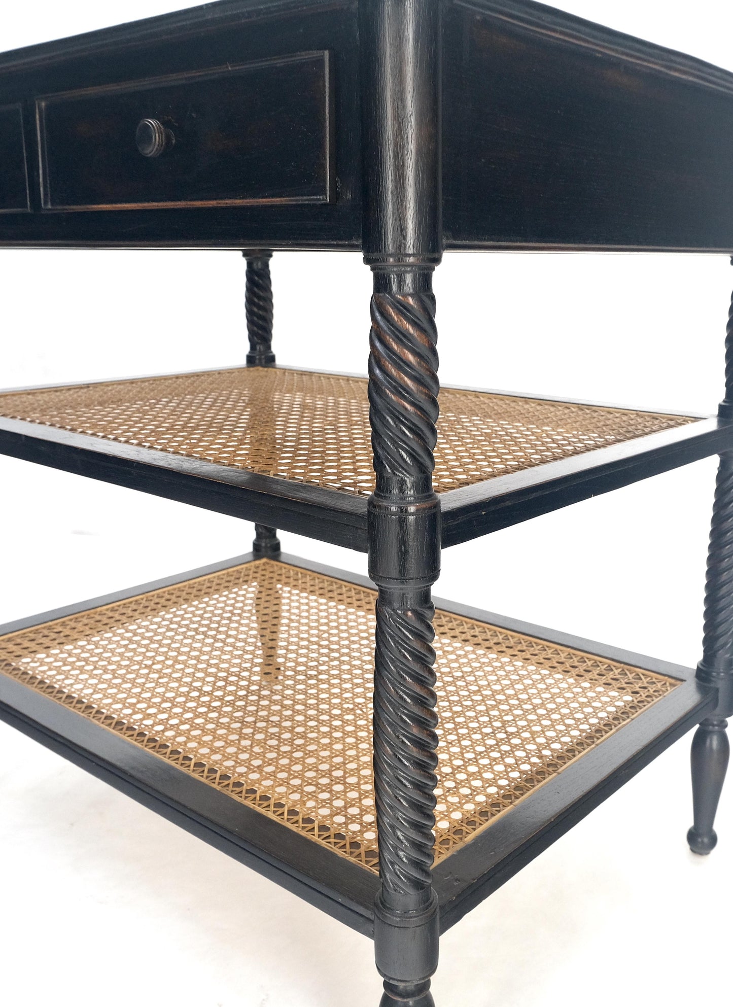 EstablishedLines Large Ebonized Two Drawer 3 Tier Cane Shelf Carved Twisted Rope Legs End Table