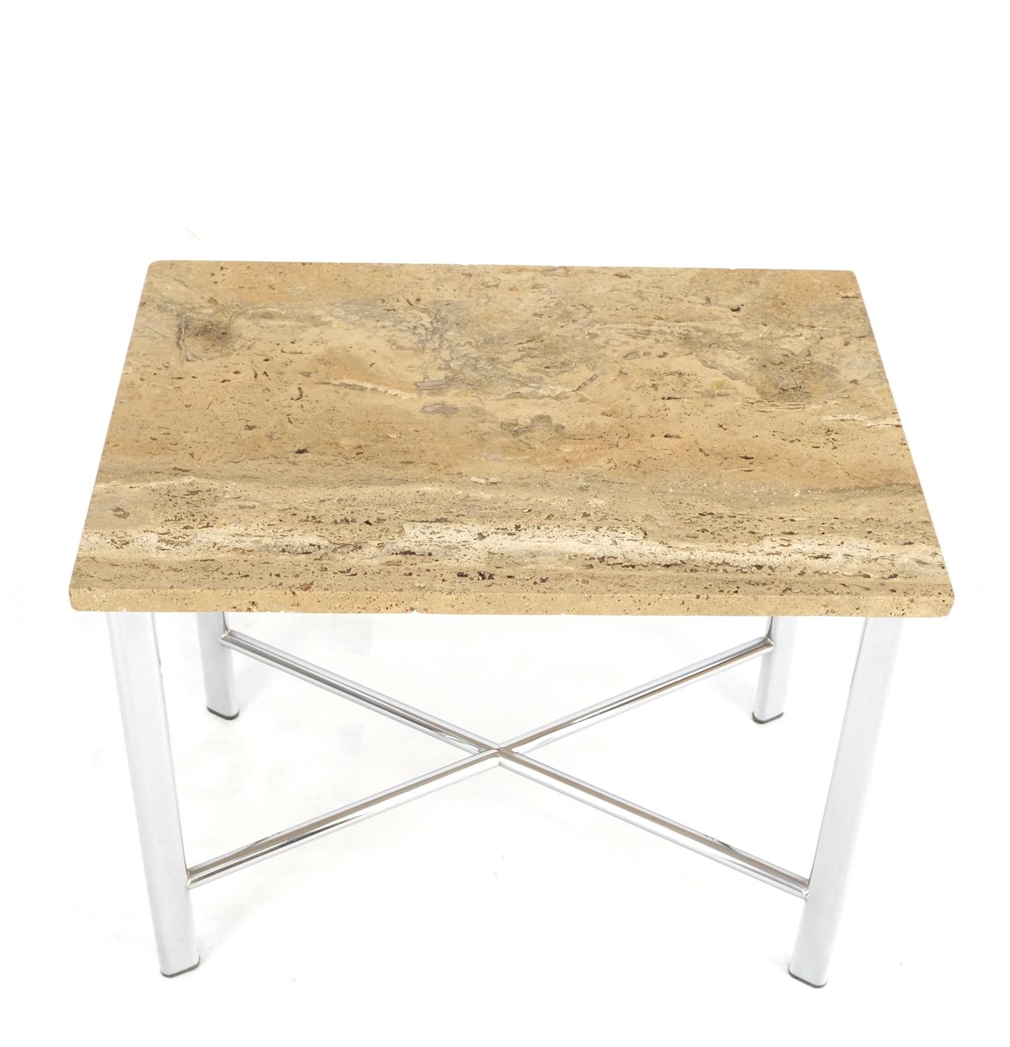 EstablishedLines Chrome X Base Travertine Top Mid-Century Modern Rectangle Side End Table Stand
