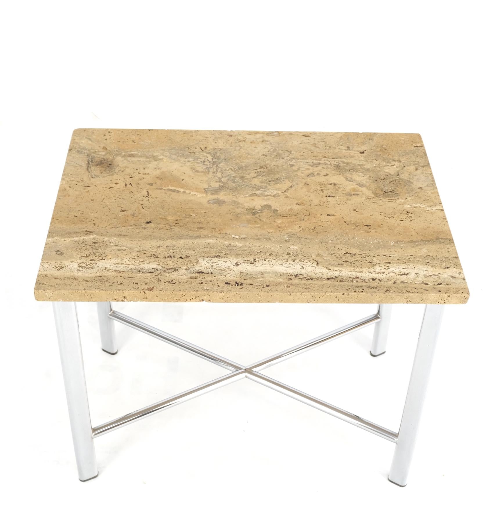 EstablishedLines Chrome X Base Travertine Top Mid-Century Modern Rectangle Side End Table Stand