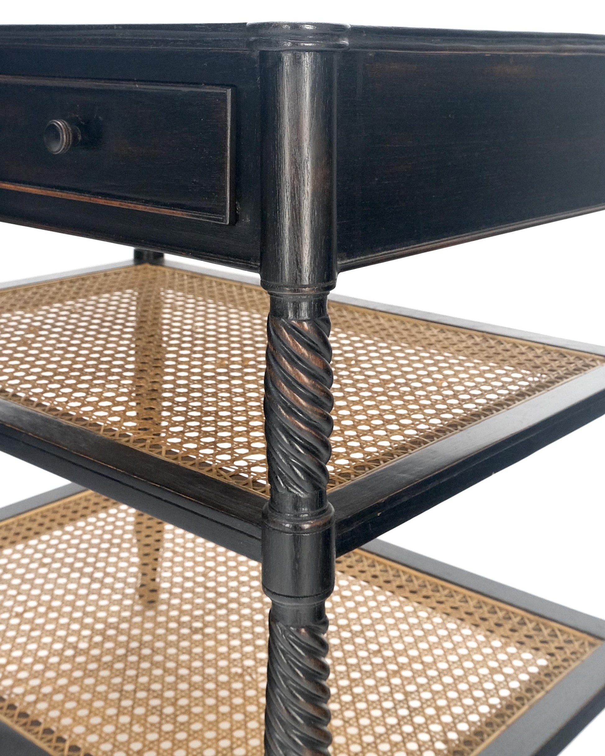 EstablishedLines Large Ebonized Two Drawer 3 Tier Cane Shelf Carved Twisted Rope Legs End Table