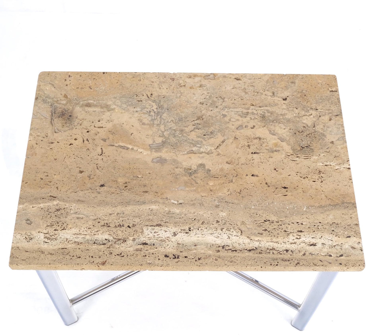 EstablishedLines Chrome X Base Travertine Top Mid-Century Modern Rectangle Side End Table Stand