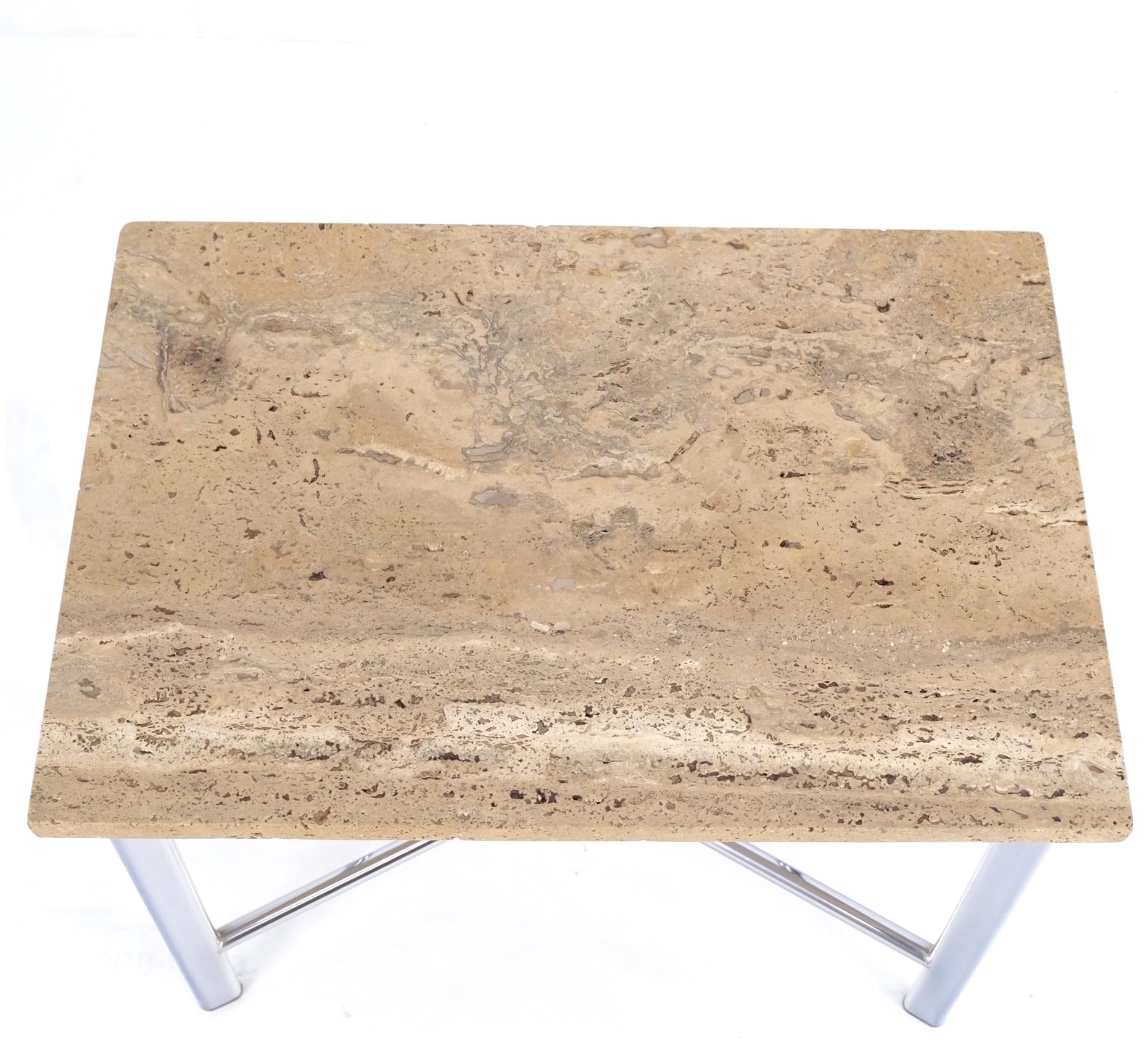 EstablishedLines Chrome X Base Travertine Top Mid-Century Modern Rectangle Side End Table Stand