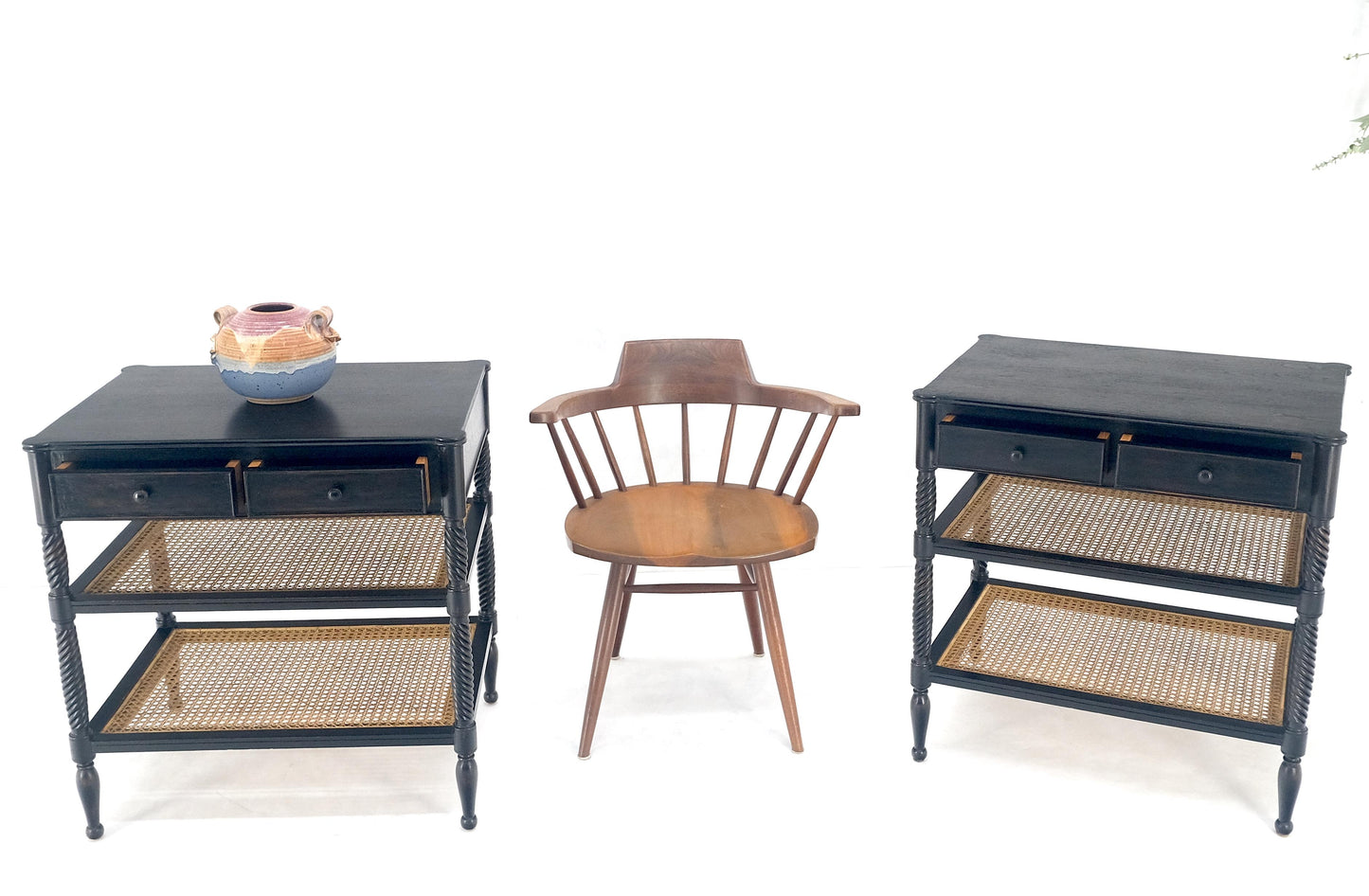 EstablishedLines Large Ebonized Two Drawer 3 Tier Cane Shelf Carved Twisted Rope Legs End Table