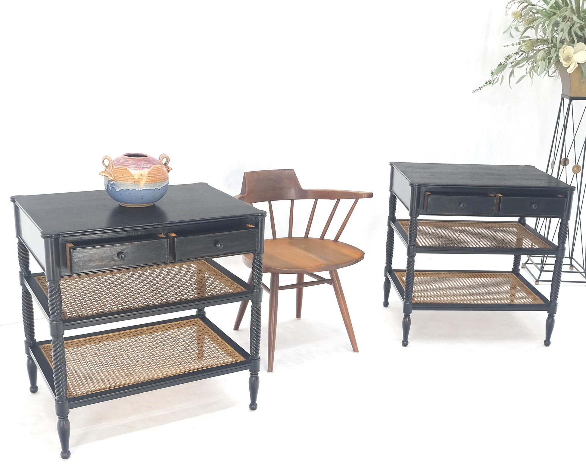 EstablishedLines Large Ebonized Two Drawer 3 Tier Cane Shelf Carved Twisted Rope Legs End Table