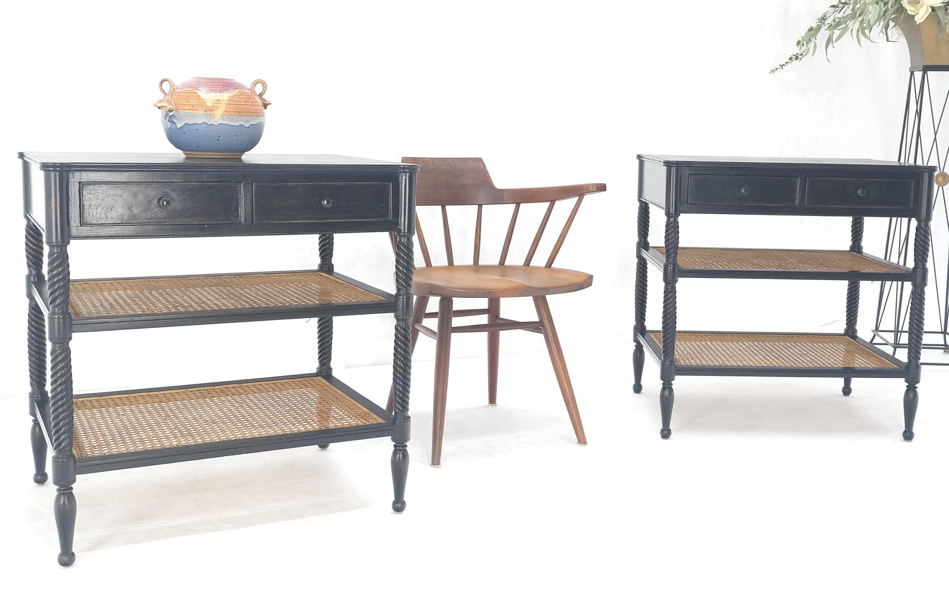 EstablishedLines Large Ebonized Two Drawer 3 Tier Cane Shelf Carved Twisted Rope Legs End Table