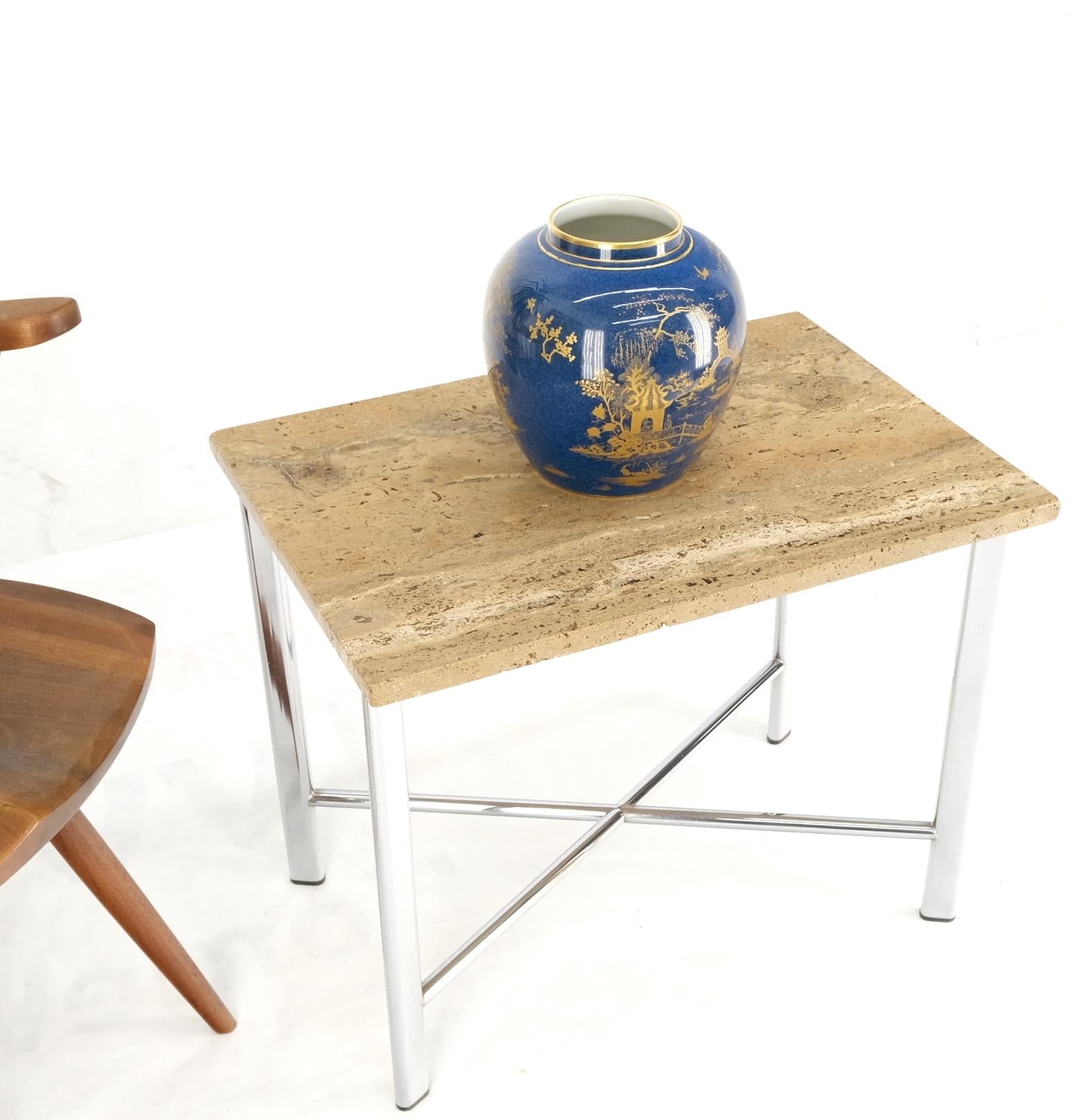 EstablishedLines Chrome X Base Travertine Top Mid-Century Modern Rectangle Side End Table Stand