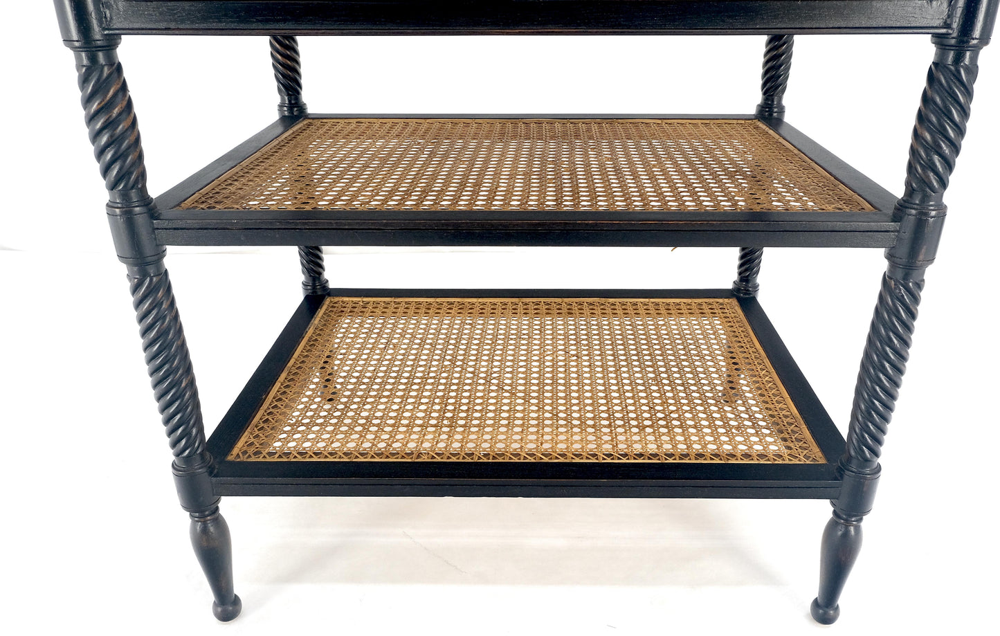 EstablishedLines Large Ebonized Two Drawer 3 Tier Cane Shelf Carved Twisted Rope Legs End Table
