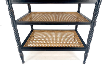 EstablishedLines Large Ebonized Two Drawer 3 Tier Cane Shelf Carved Twisted Rope Legs End Table