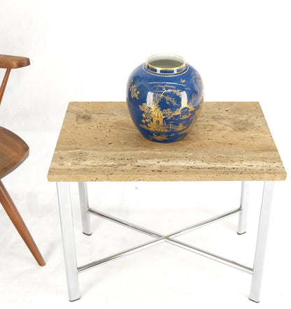 EstablishedLines Chrome X Base Travertine Top Mid-Century Modern Rectangle Side End Table Stand