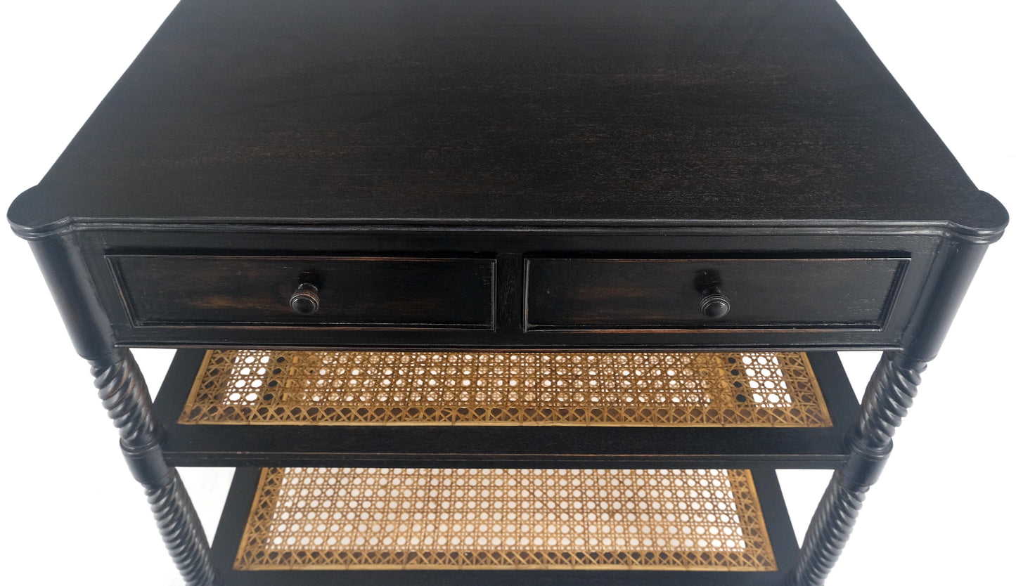 EstablishedLines Large Ebonized Two Drawer 3 Tier Cane Shelf Carved Twisted Rope Legs End Table