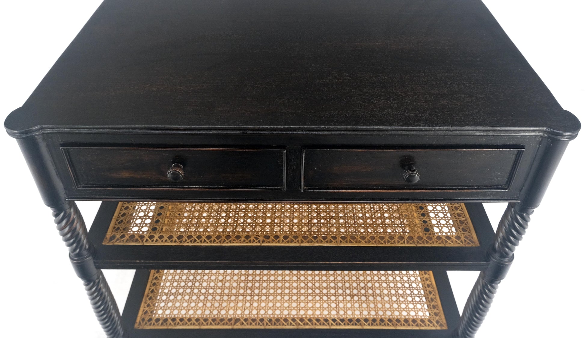 EstablishedLines Large Ebonized Two Drawer 3 Tier Cane Shelf Carved Twisted Rope Legs End Table