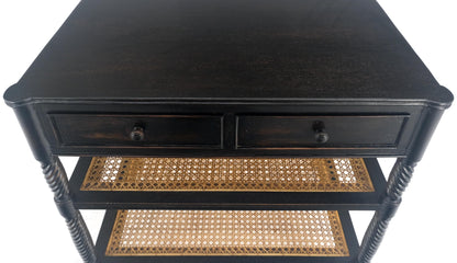 EstablishedLines Large Ebonized Two Drawer 3 Tier Cane Shelf Carved Twisted Rope Legs End Table