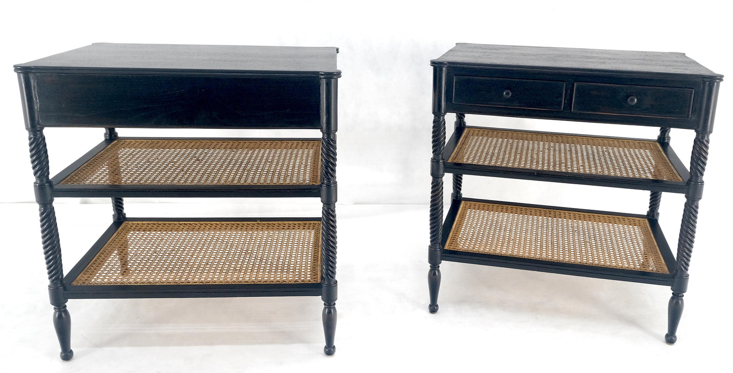 EstablishedLines Large Ebonized Two Drawer 3 Tier Cane Shelf Carved Twisted Rope Legs End Table