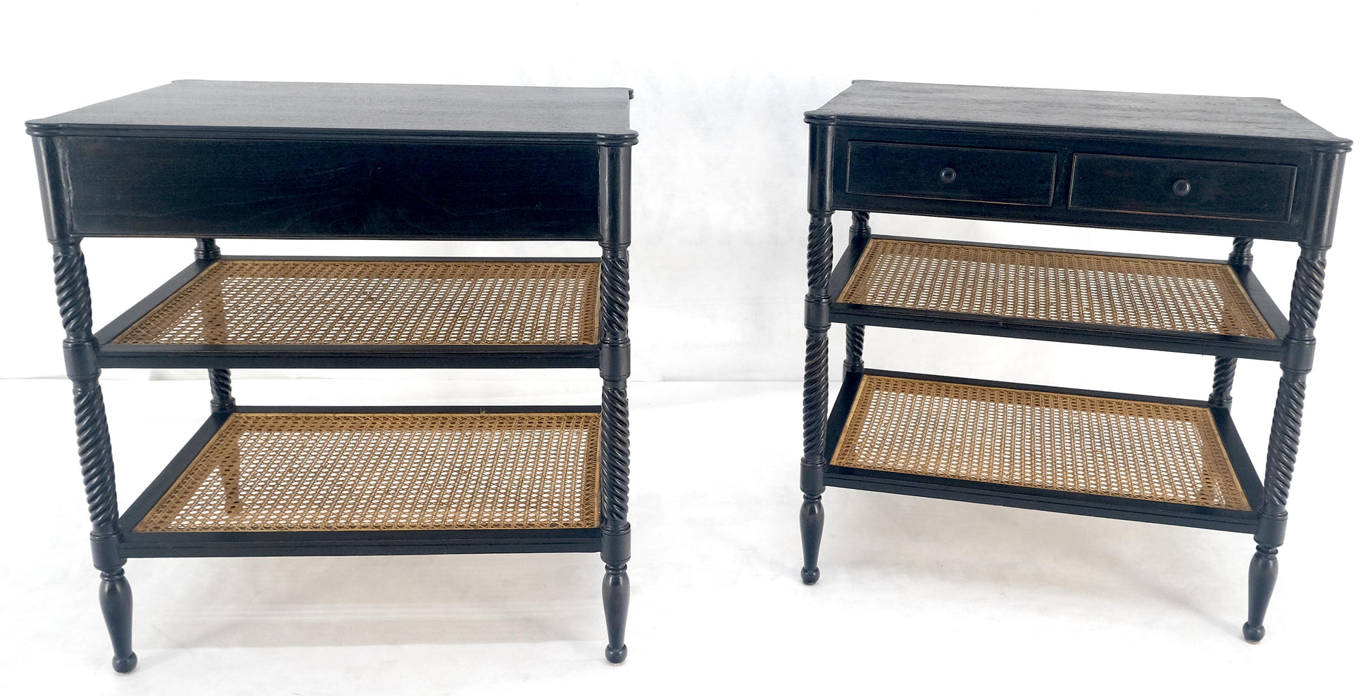 EstablishedLines Large Ebonized Two Drawer 3 Tier Cane Shelf Carved Twisted Rope Legs End Table