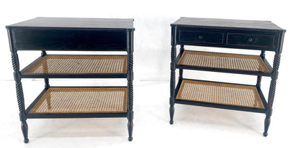 EstablishedLines Large Ebonized Two Drawer 3 Tier Cane Shelf Carved Twisted Rope Legs End Table