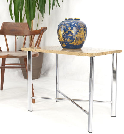 EstablishedLines Chrome X Base Travertine Top Mid-Century Modern Rectangle Side End Table Stand