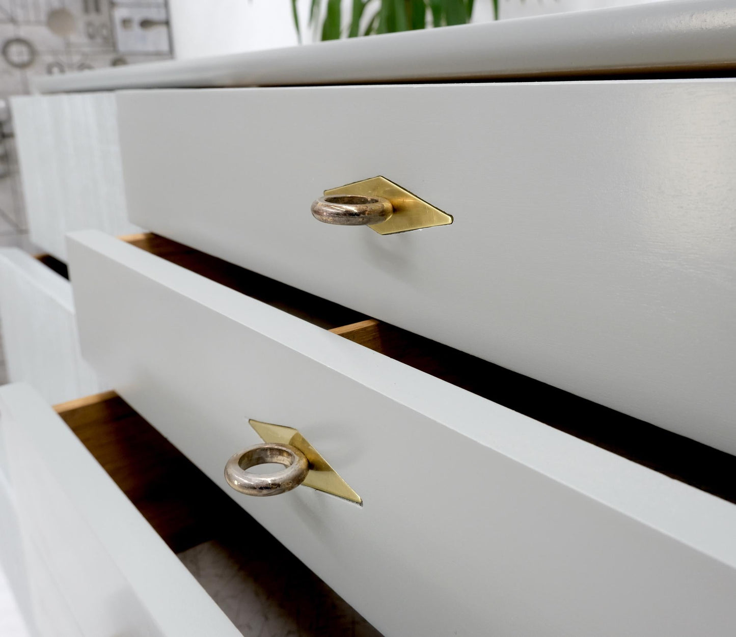 Two Tone Light Grey & White Fluted Drawer Fronts Brass Stretchers Long Dresser