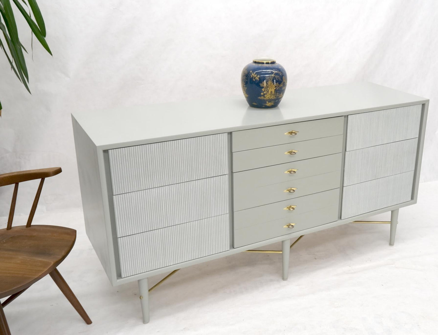 Two Tone Light Grey & White Fluted Drawer Fronts Brass Stretchers Long Dresser