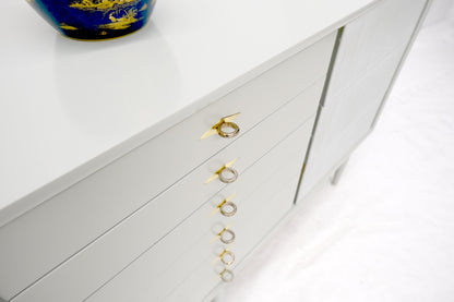 Two Tone Light Grey & White Fluted Drawer Fronts Brass Stretchers Long Dresser