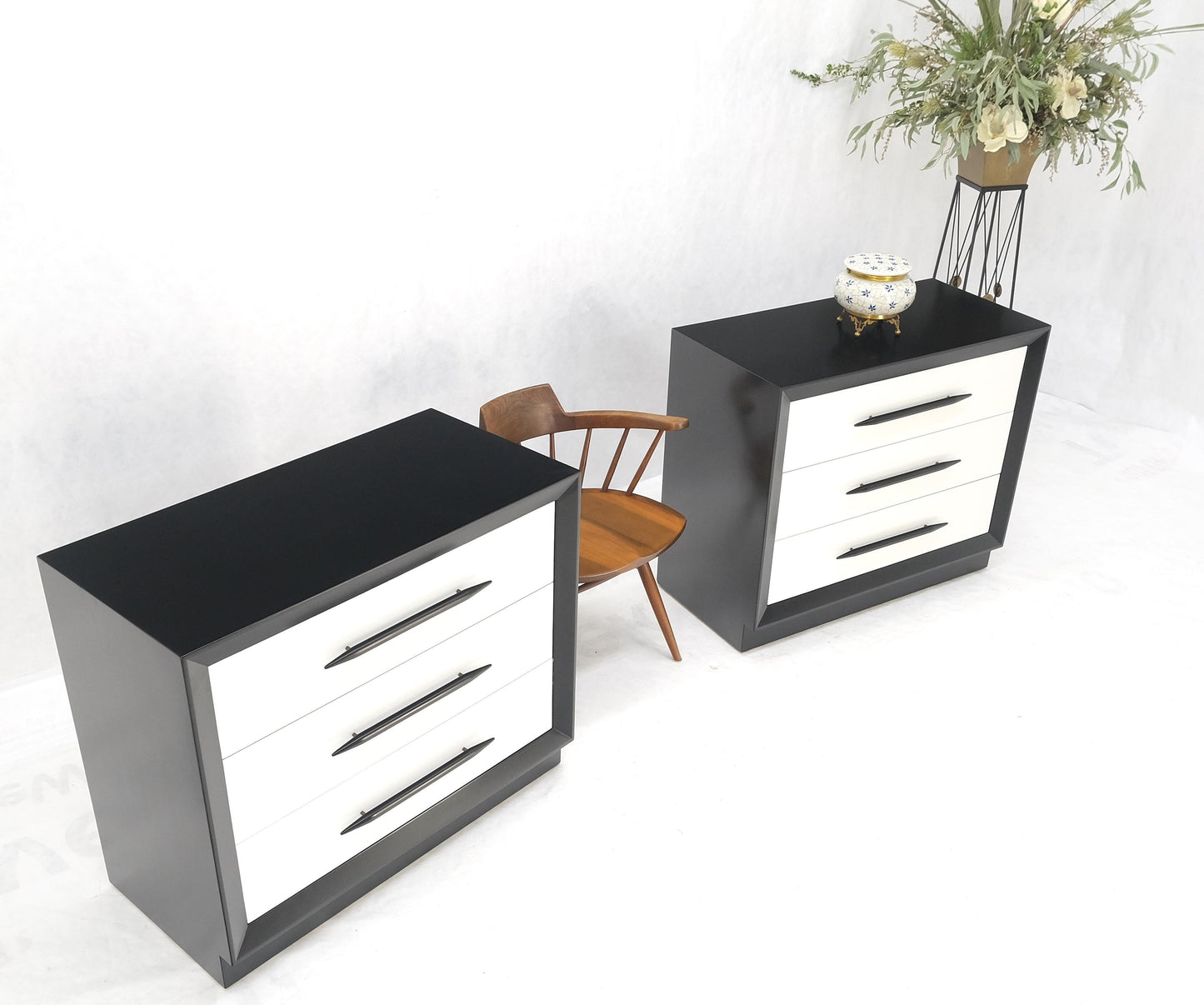 Pair of Black & White James Mont Style Bachelor 3 Drawer Chests Mid Century MINT