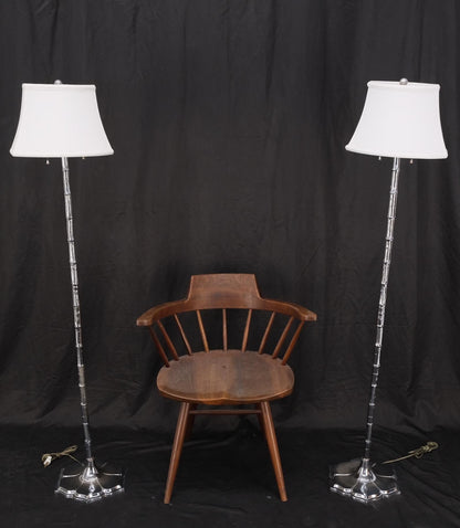 EstablishedLines Pair of Cast Lotus Shape Bases Chrome Faux Bamboo Mid-Century Modern Floor Lamps
