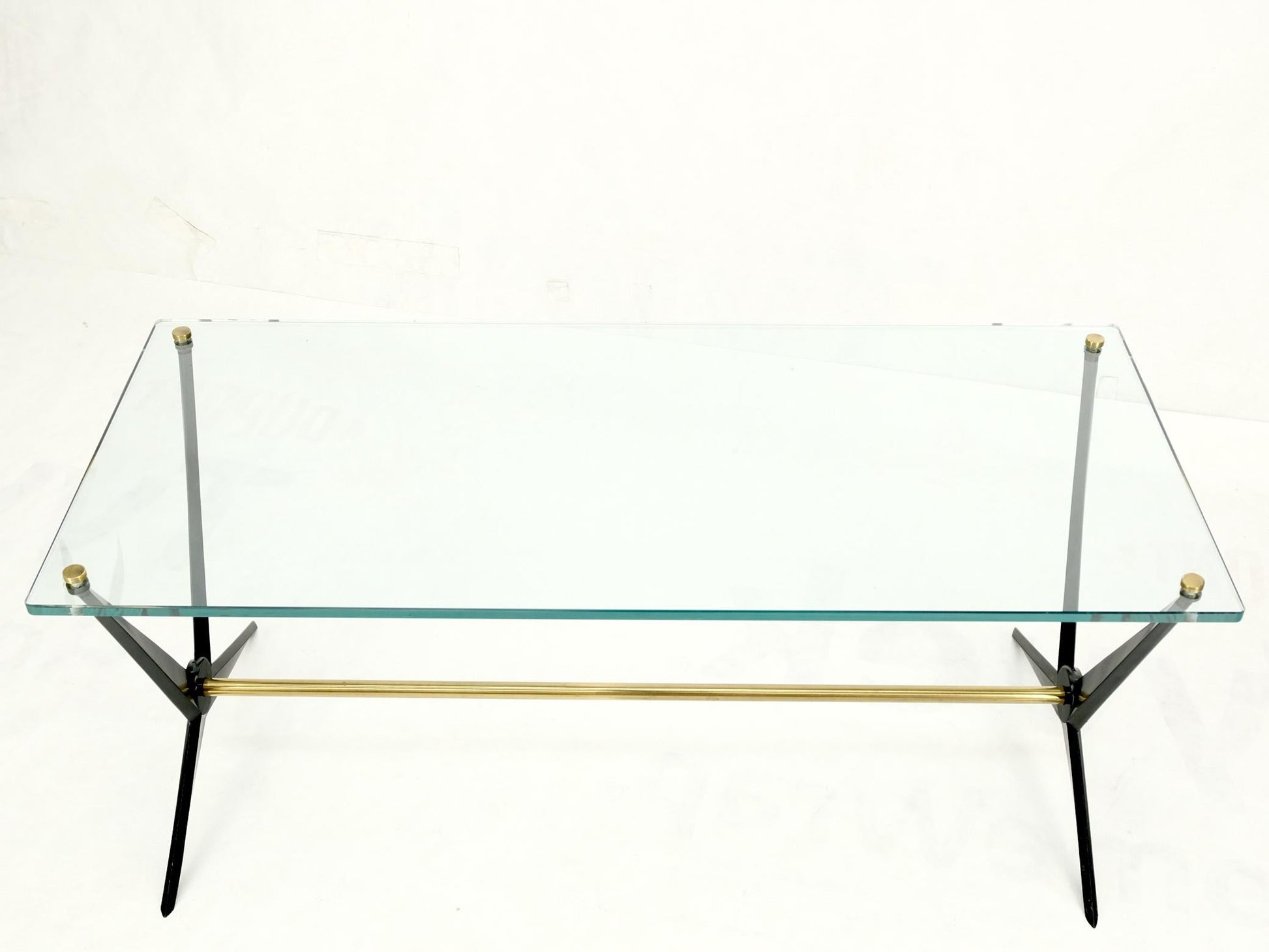 EstablishedLines Italian Mid-Century Modern Cast Metal & Brass Base Glass Rectangle Coffee Table