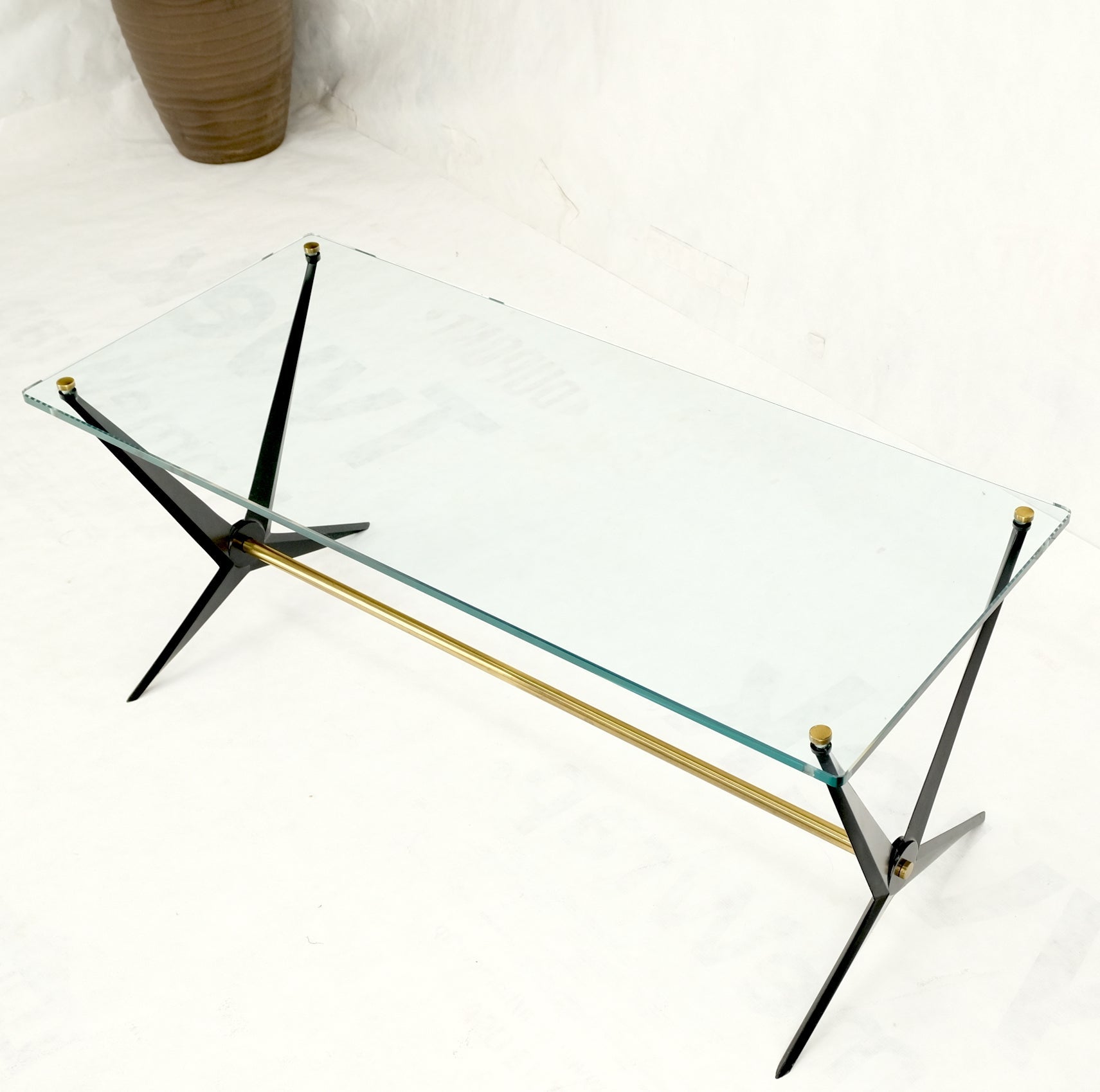EstablishedLines Italian Mid-Century Modern Cast Metal & Brass Base Glass Rectangle Coffee Table