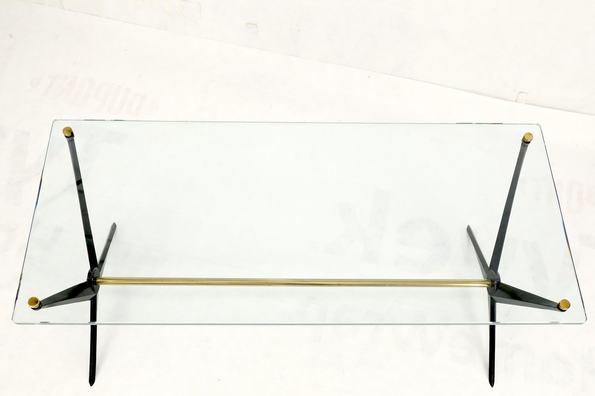 EstablishedLines Italian Mid-Century Modern Cast Metal & Brass Base Glass Rectangle Coffee Table