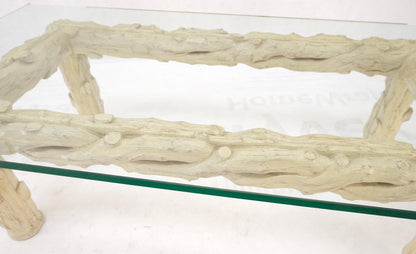 Heavy Carved Twig Motive White Pickled Finish Oak Base Rectangle 3/4" Glass Top
